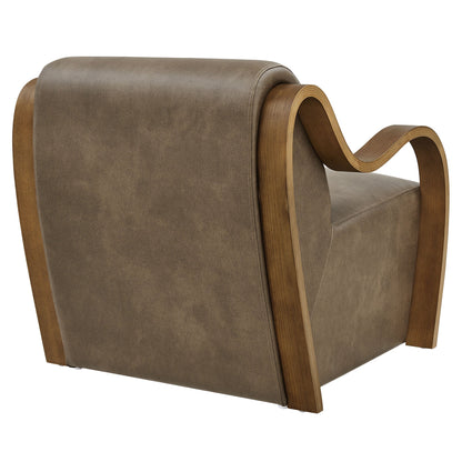 Atrium vegan leather accent armchair with curved wood arms in brown on Tampa Home & Garden Store