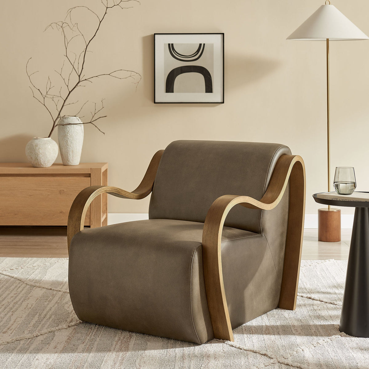 Atrium Vegan Leather Accent Armchair by Modway in brown vegan leather with curved wood arms on Tampa Home & Garden Store