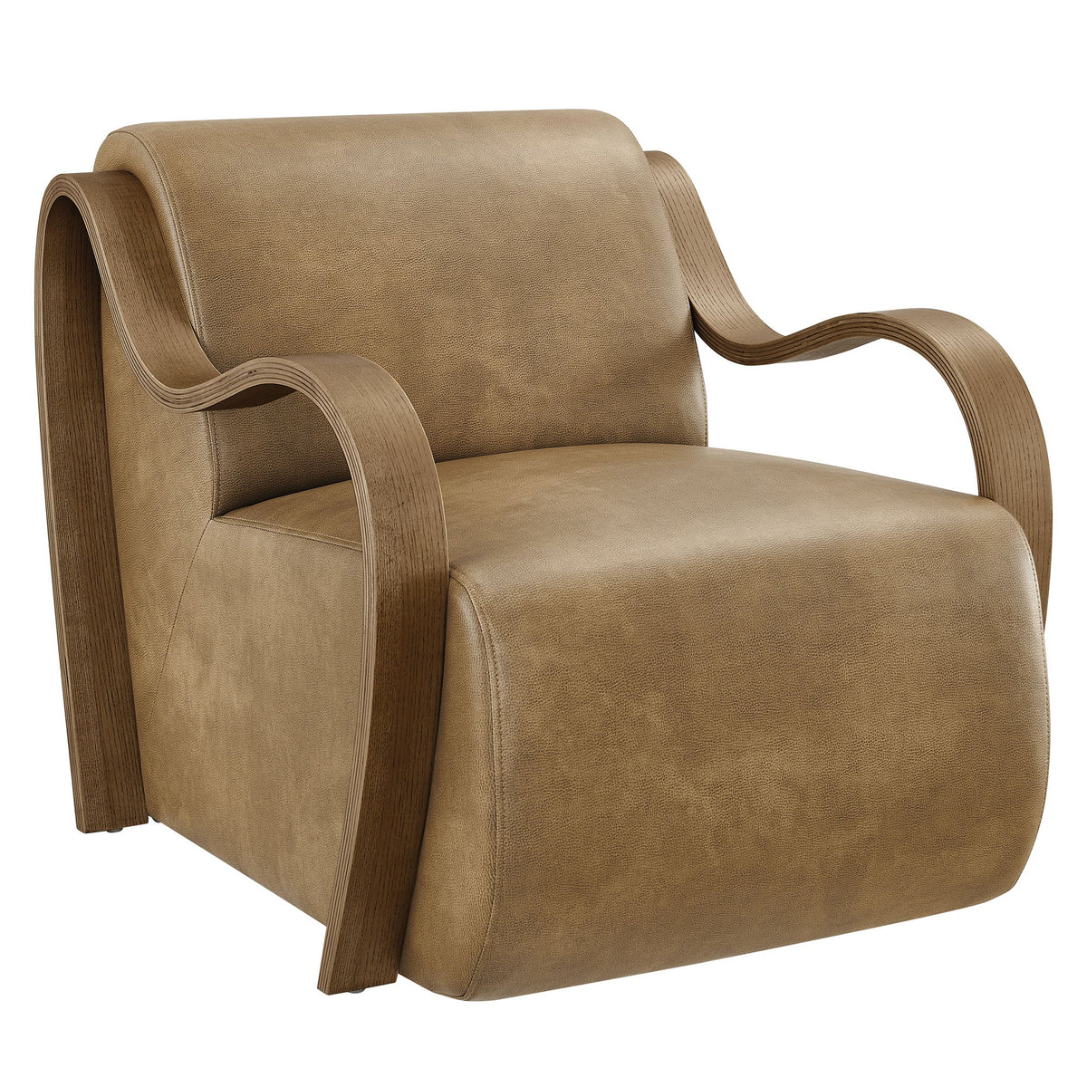 Atrium vegan leather accent armchair by HouseOfZazla, tan faux leather with curved wood arms on Tampa Home & Garden Store