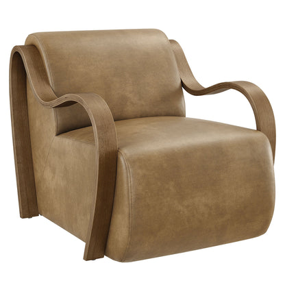 Atrium vegan leather accent armchair by HouseOfZazla, tan faux leather with curved wood arms on Tampa Home & Garden Store