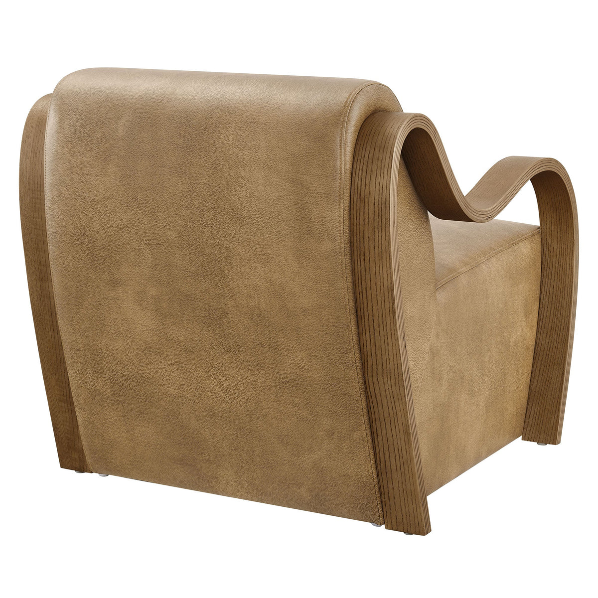Atrium vegan leather accent armchair with tan upholstery and curved wood armrests on Tampa Home & Garden Store