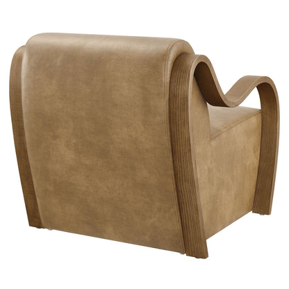 Atrium vegan leather accent armchair with tan upholstery and curved wood armrests on Tampa Home & Garden Store