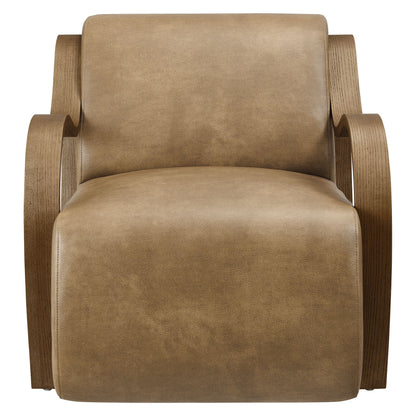 Atrium vegan leather accent armchair by Modway in tan with curved wood arms on Tampa Home & Garden Store