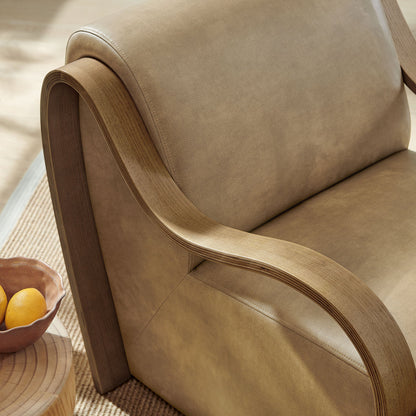 Atrium vegan leather accent armchair by Modway with tan upholstery and curved wood arms on Tampa Home & Garden Store