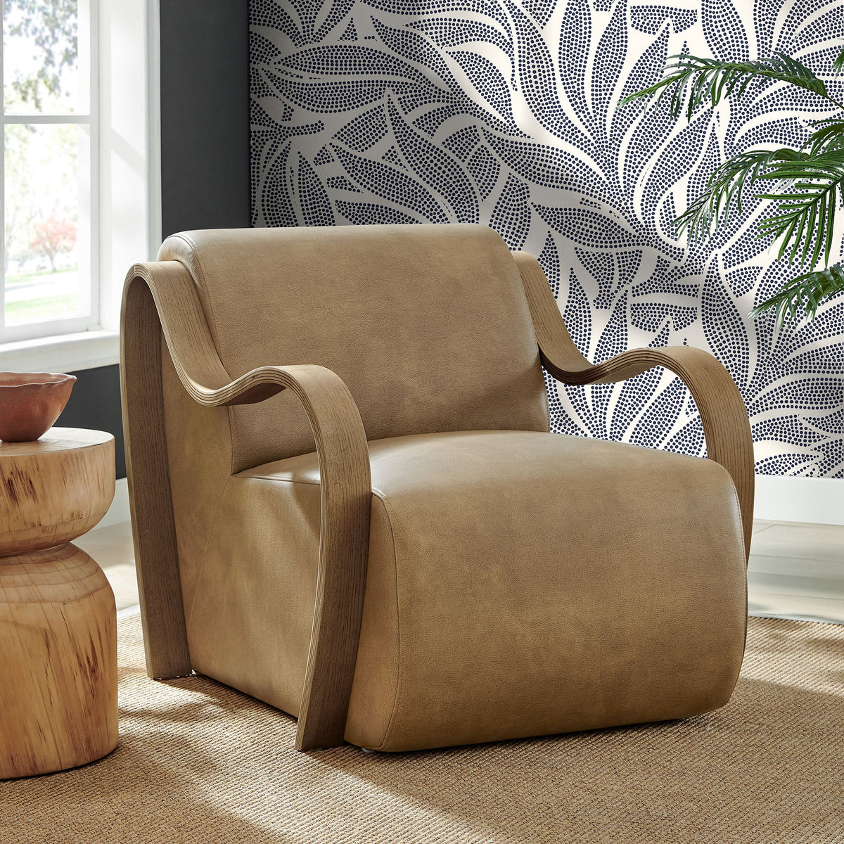Atrium vegan leather accent armchair by Modway in tan with curved wood arms in a living room on Tampa Home & Garden Store