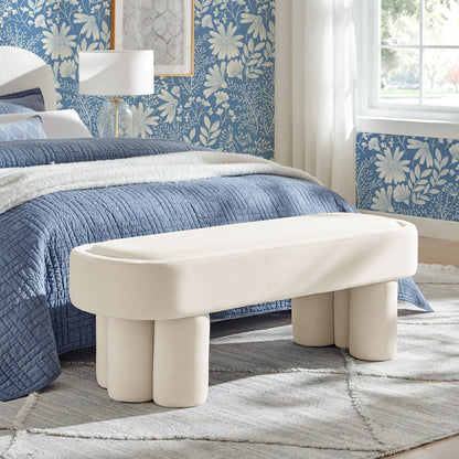 Mossi Oval Performance Velvet Accent Bench in white with rounded pedestal legs on Tampa Home & Garden Store