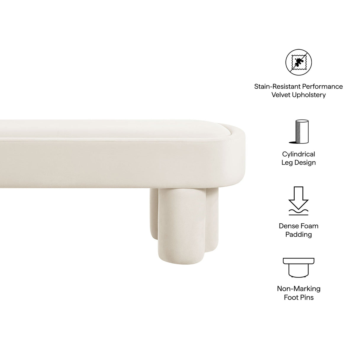 Mossi Oval Performance Velvet Accent Bench by Modway in cream upholstery with cylindrical legs on Tampa Home & Garden Store
