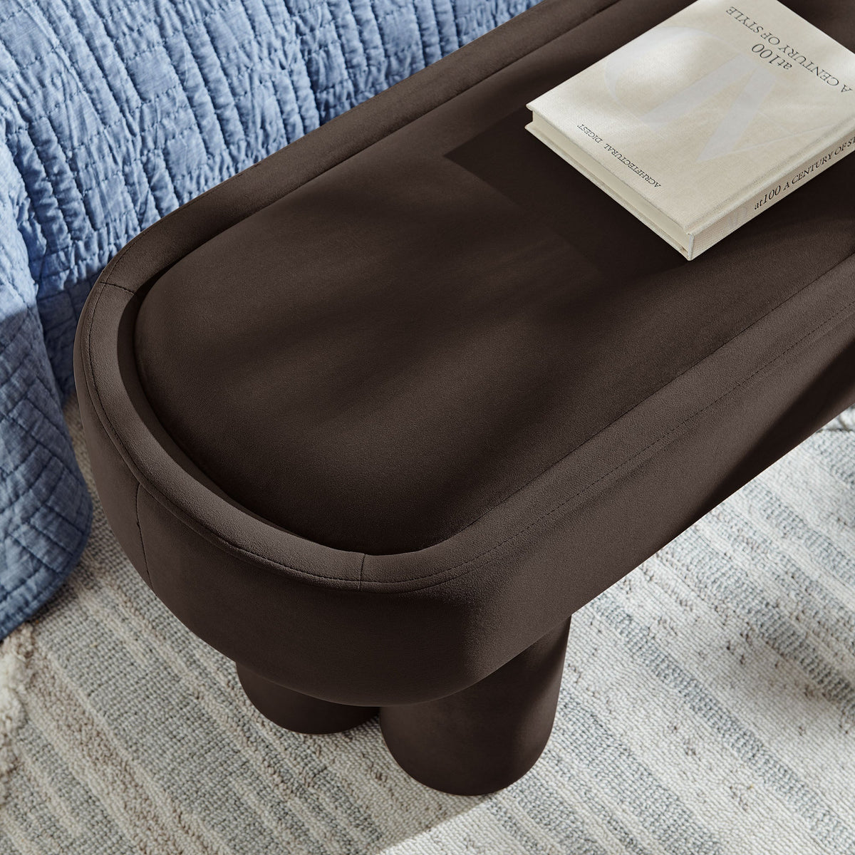 Mossi Oval Performance Velvet Accent Bench by Modway in brown velvet with a book on Tampa Home & Garden Store