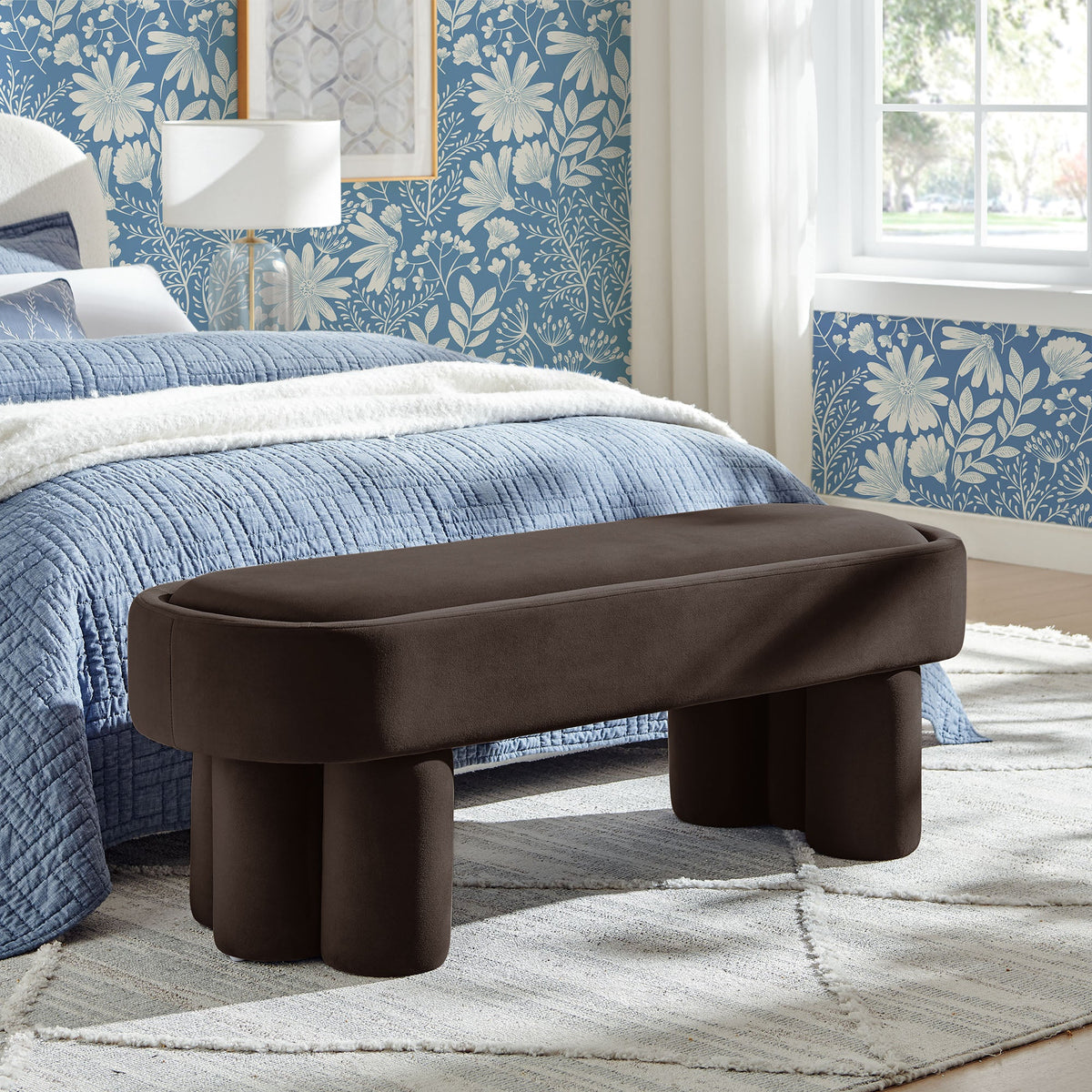 Mossi Oval Performance Velvet Accent Bench by Modway, dark brown velvet with rounded legs on Tampa Home & Garden Store