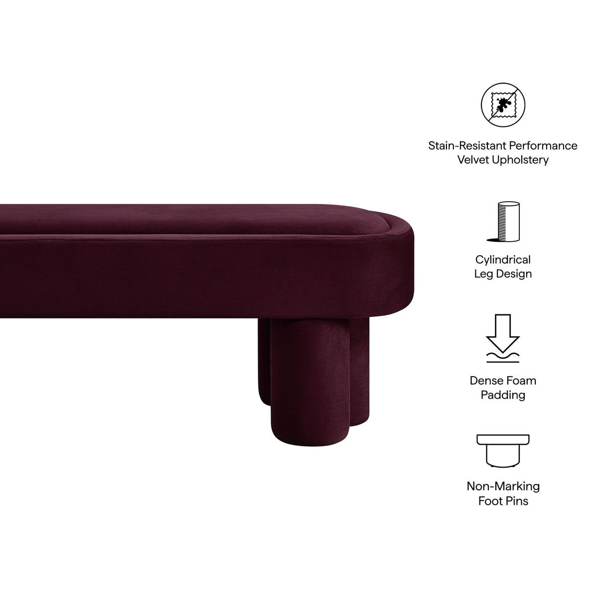 Mossi Oval Performance Velvet Accent Bench burgundy velvet upholstery with cylindrical legs on Tampa Home & Garden Store