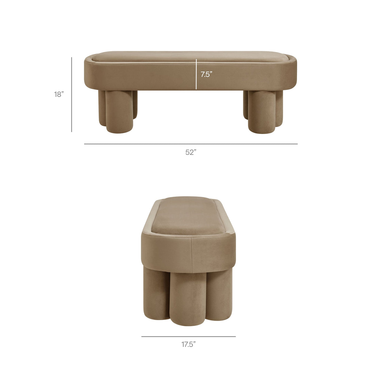 Mossi Oval Performance Velvet Accent Bench by Modway in beige velvet with rounded cylindrical legs, 52 in W on Tampa Home & Garden Store