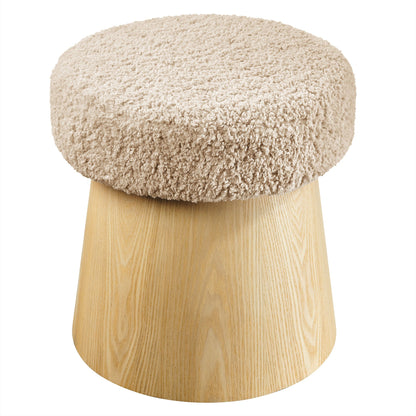 Ketra round faux shearling ottoman footstool beige with light wood legs HouseOfZazla on Tampa Home & Garden Store