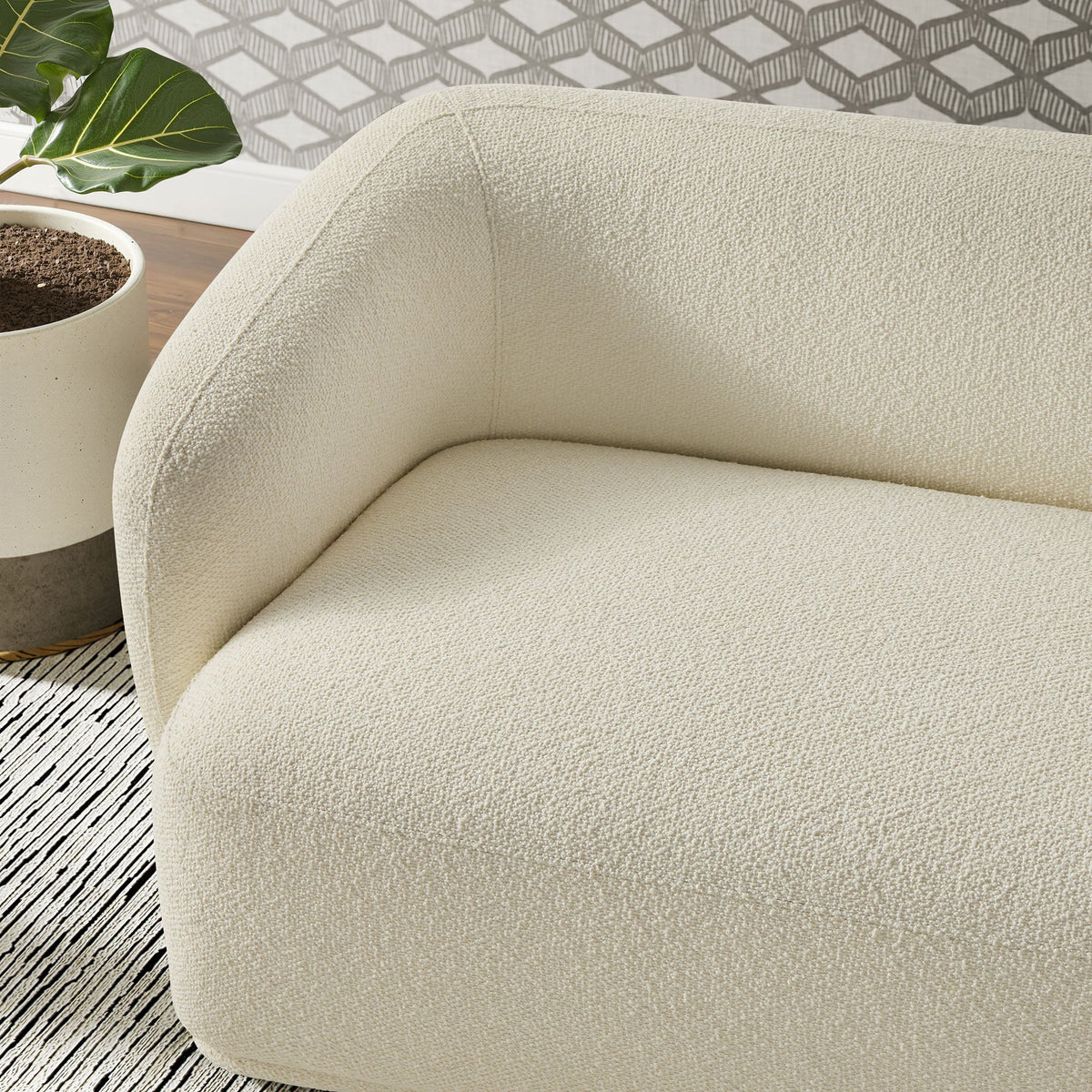 Monica 88 Inch Boucle Fabric Sofa beige upholstery curved arm detail by Modway on Tampa Home & Garden Store