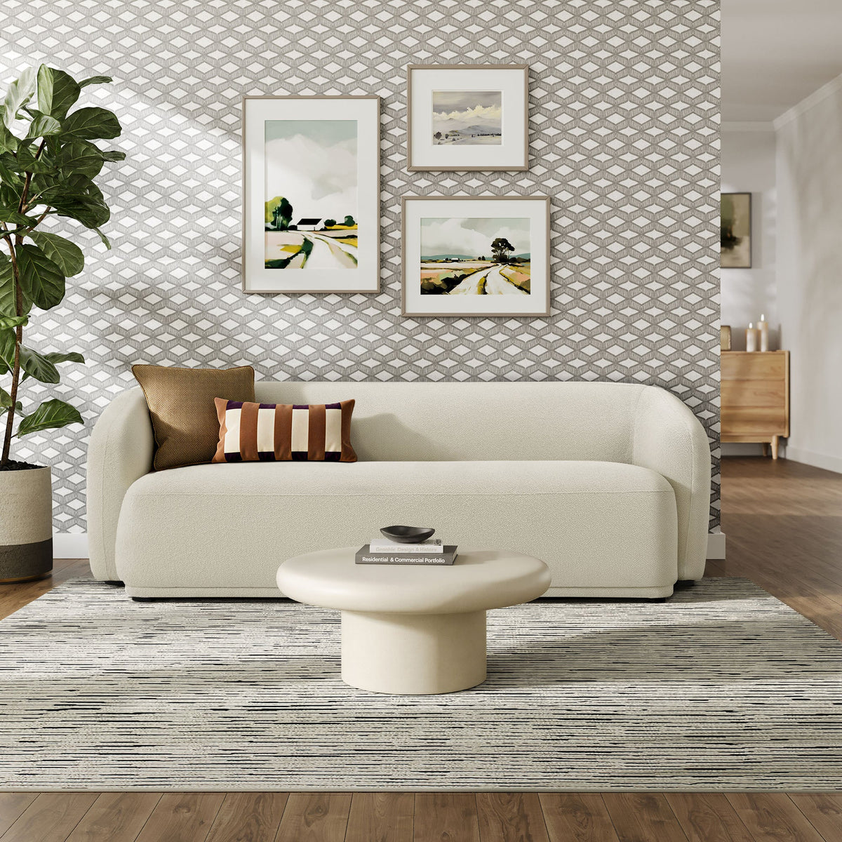 Monica 88 Inch Boucle Fabric Sofa beige boucle upholstery by Modway in a living room on Tampa Home & Garden Store