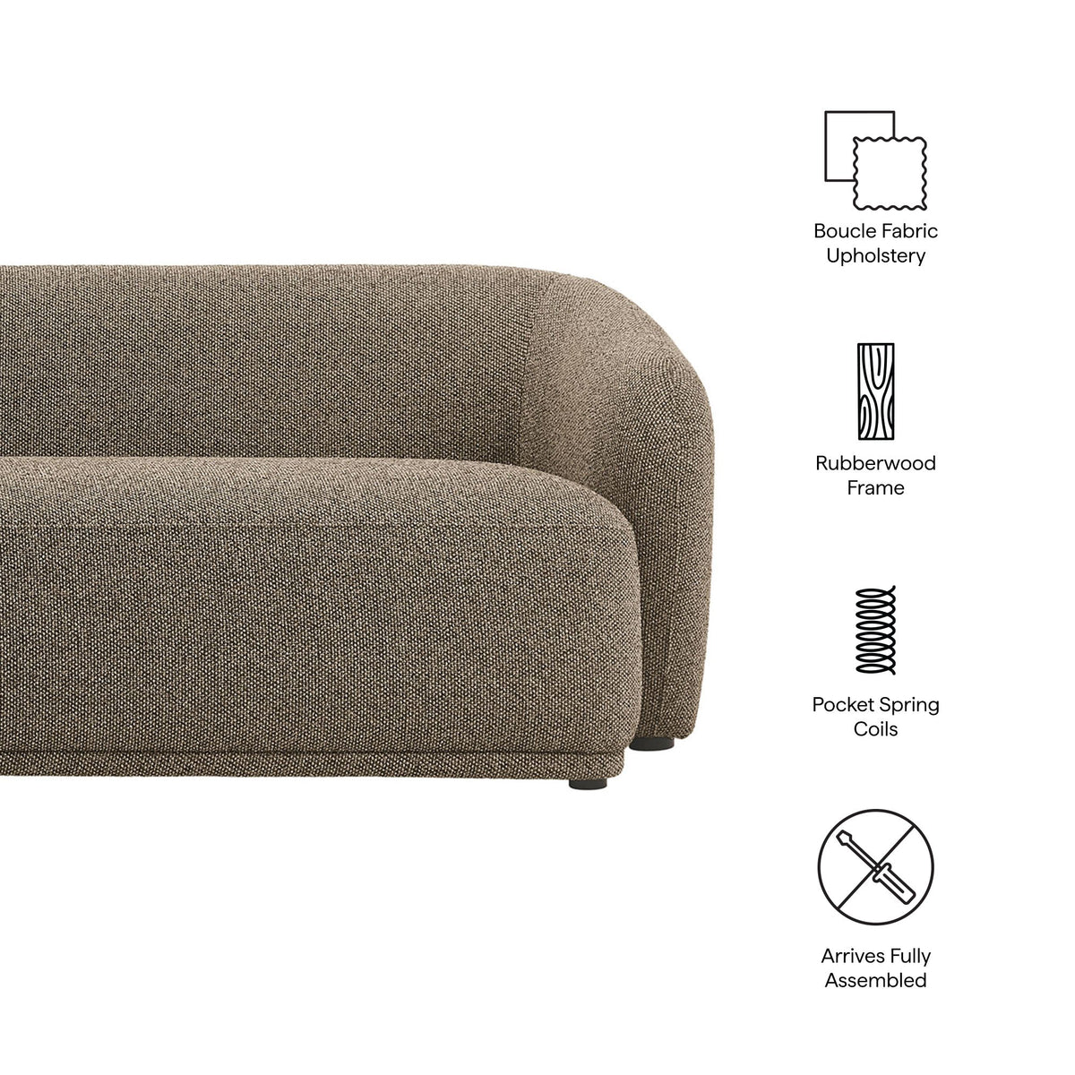 Monica 88 Inch Boucle Fabric Sofa by Modway in brown boucle with rounded arms on Tampa Home & Garden Store
