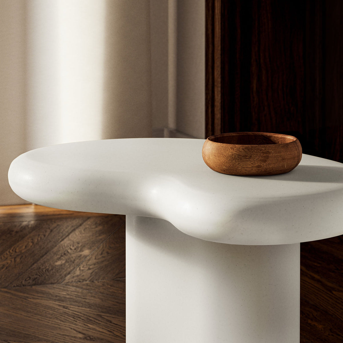 Elowen Outdoor Patio Side Table by Modway, white round top with 1 wooden bowl on Tampa Home & Garden Store