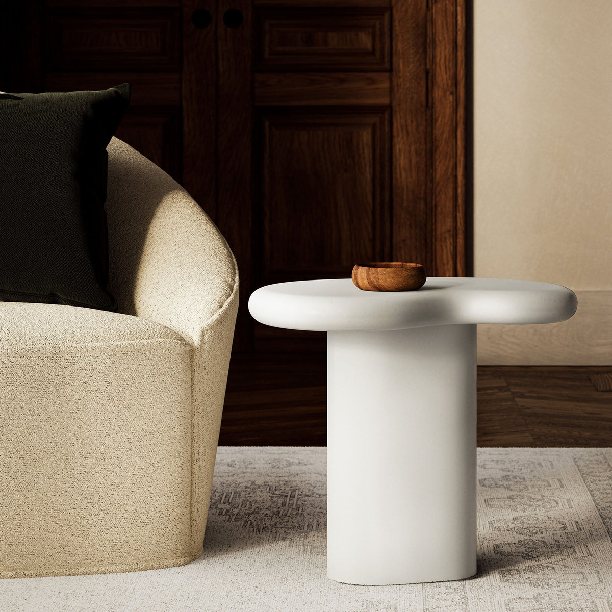 Elowen Outdoor Patio Side Table by Modway, white pedestal table with wooden bowl; beige chair on Tampa Home & Garden Store
