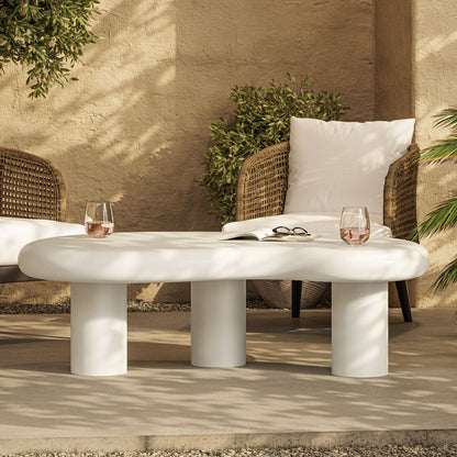 Elowen Outdoor Patio Coffee Table by Modway, round white table with three chunky pedestal legs in a wicker outdoor seating area on Tampa Home & Garden Store