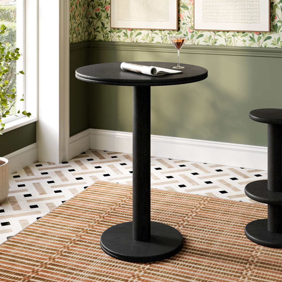 Neo 31 Inch Round Indoor-Outdoor Bar Table in black wood finish with cocktail glass on Tampa Home & Garden Store