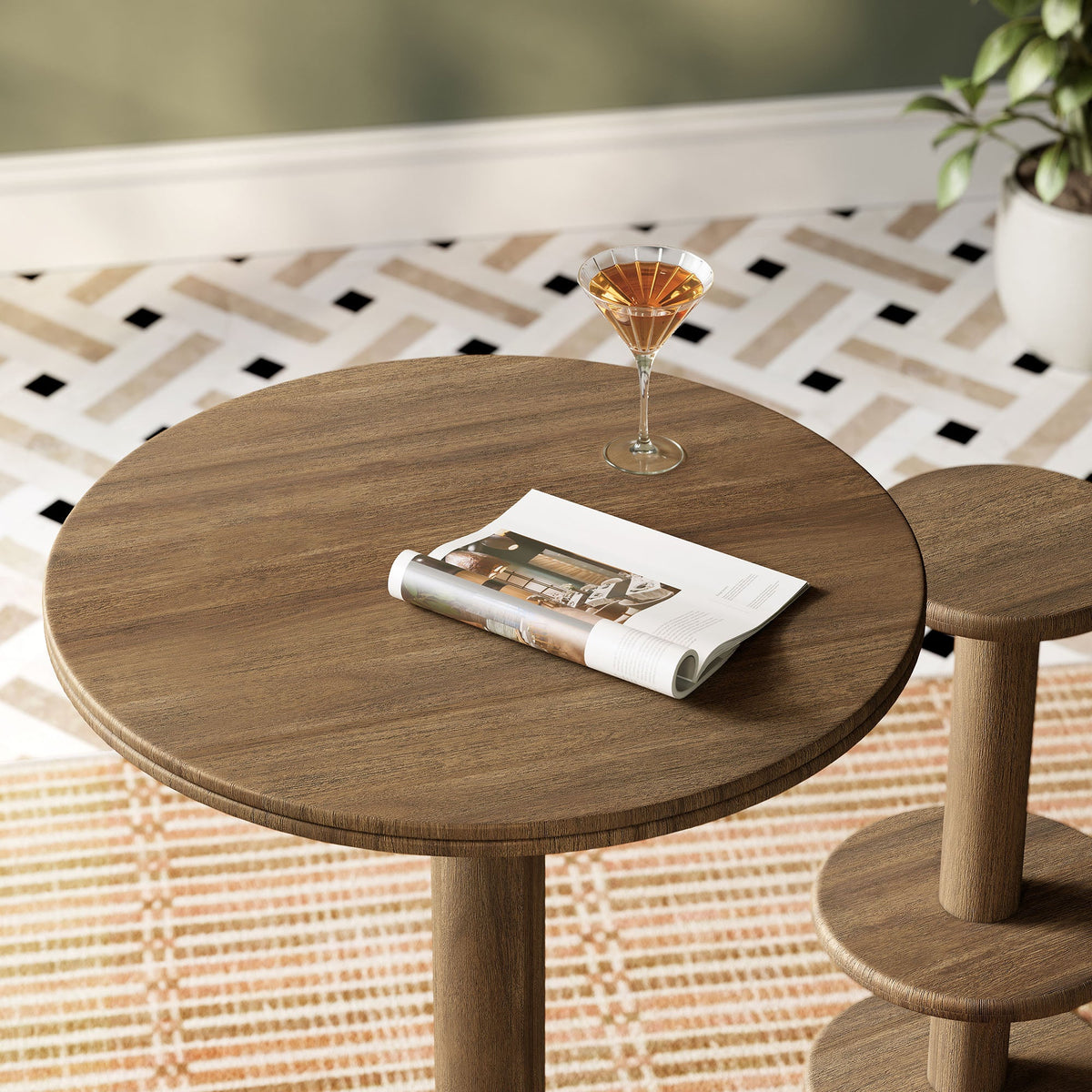 Neo 31 Inch Round Indoor-Outdoor Wood Bar Table with warm wood grain on Tampa Home & Garden Store
