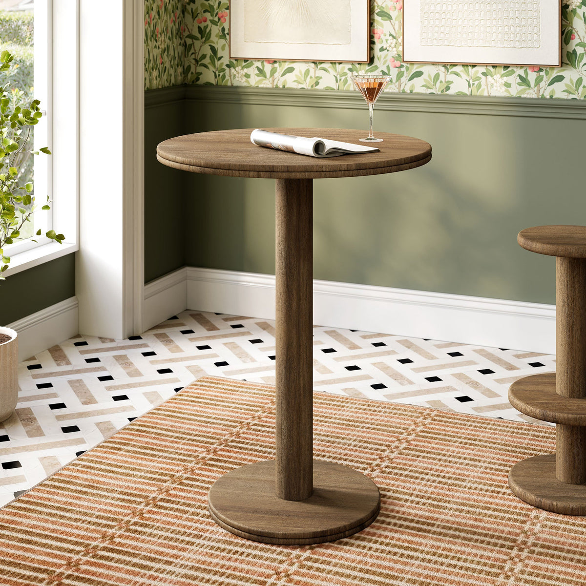Neo 31in round wooden bar table by Modway for indoor-outdoor use with pedestal base on Tampa Home & Garden Store