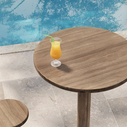 Neo 31in round wood bar table with brown grain finish, patio with orange juice glass on Tampa Home & Garden Store