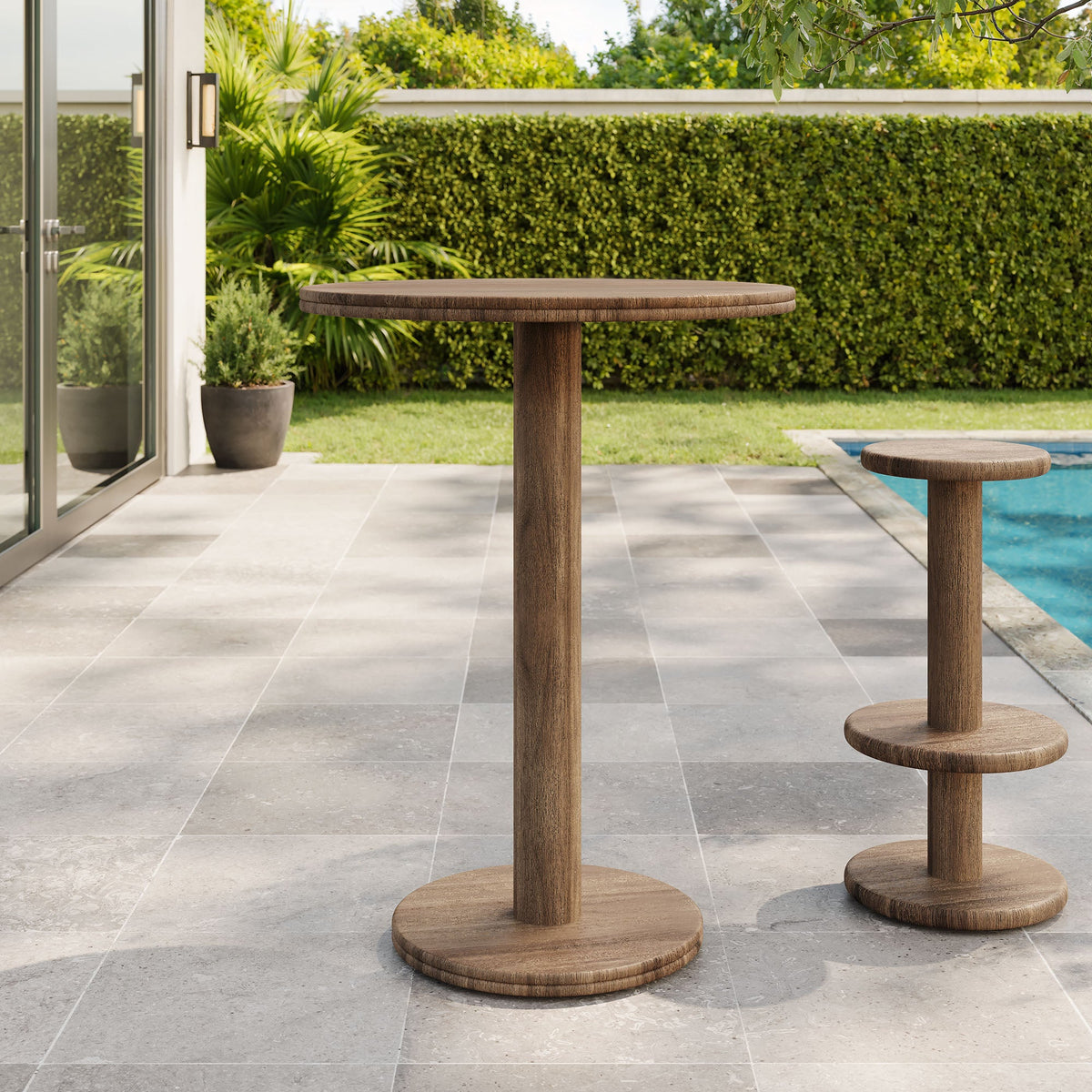 Neo 31in round wood bar table brown textured finish for indoor outdoor use pair of round tables on Tampa Home & Garden Store