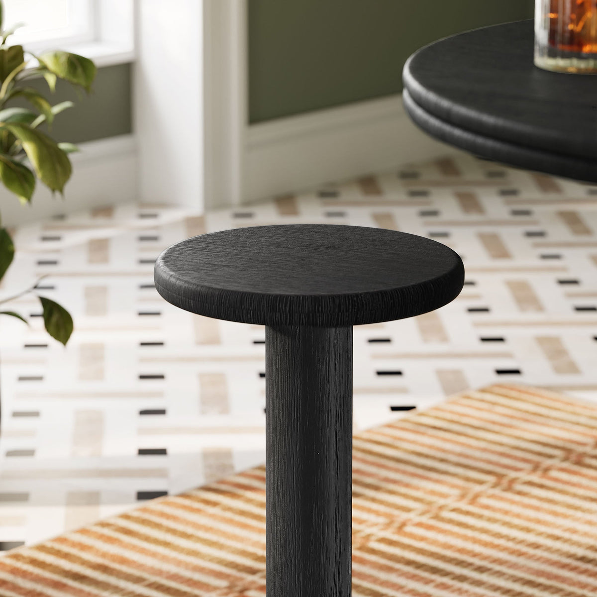 Neo 15 Inch Round Indoor-Outdoor Patio Wood Bar Stool by Modway, two black wood stools with grain on Tampa Home & Garden Store