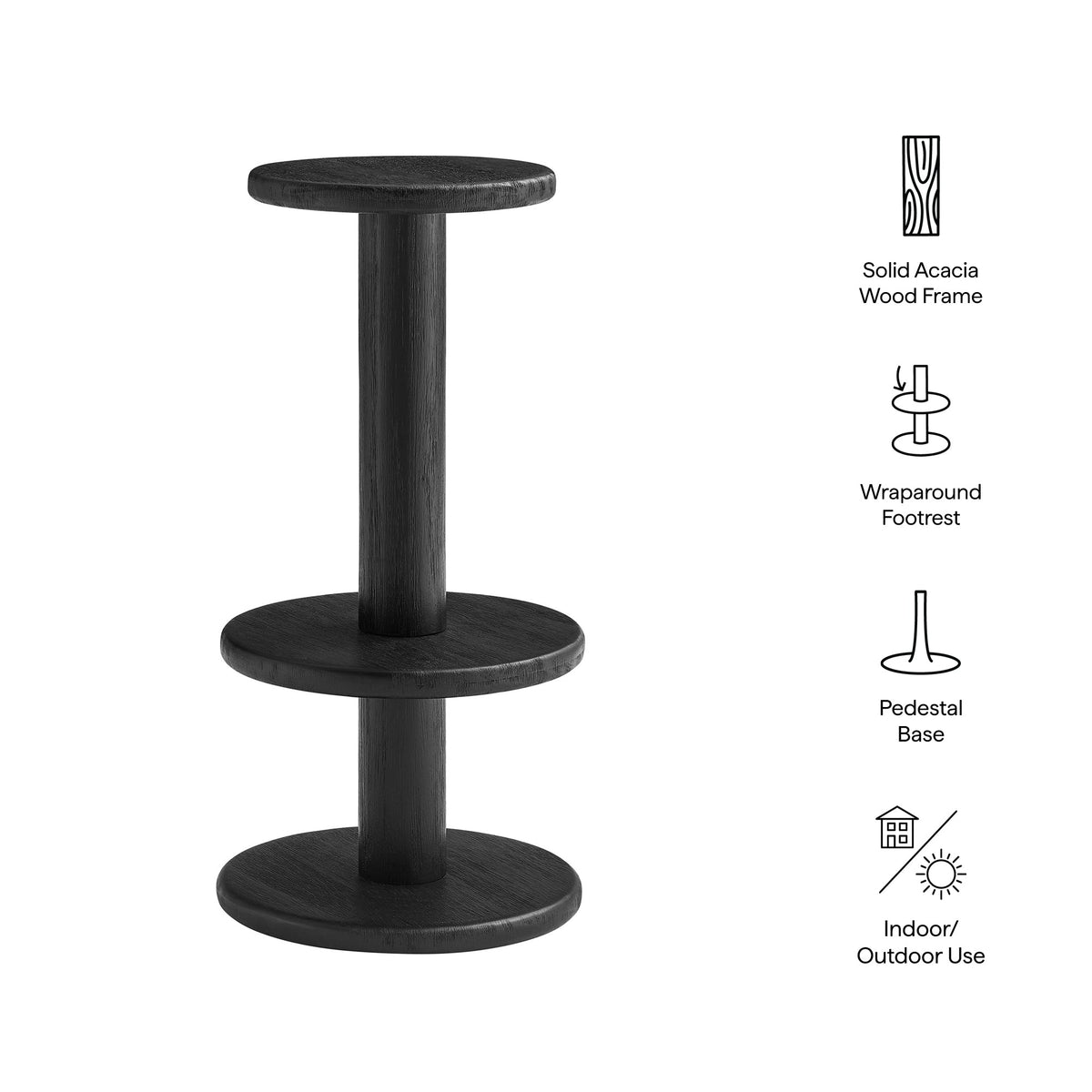 Neo 15 inch round wood bar stool with acacia frame black finish pedestal base and footrest on Tampa Home & Garden Store