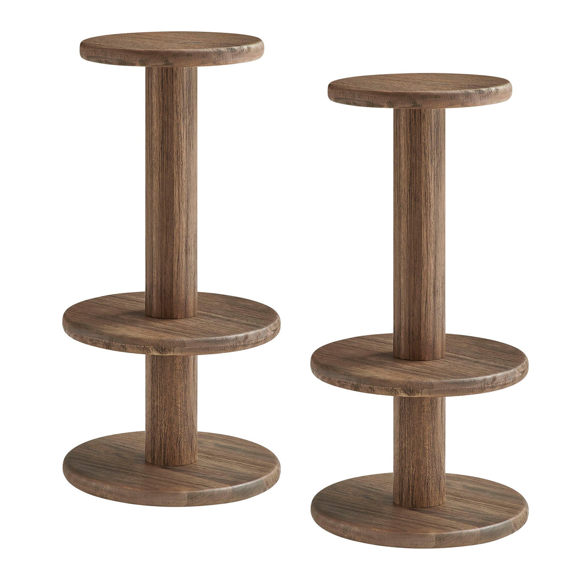 Neo 3-Piece Round Indoor-Outdoor Wood Bar Table And Stool Set with two brown stools on Tampa Home & Garden Store