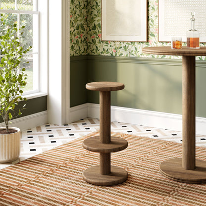 Neo 15 Inch Round Wood Bar Stool set, three brown pedestal stools for indoor dining on Tampa Home & Garden Store