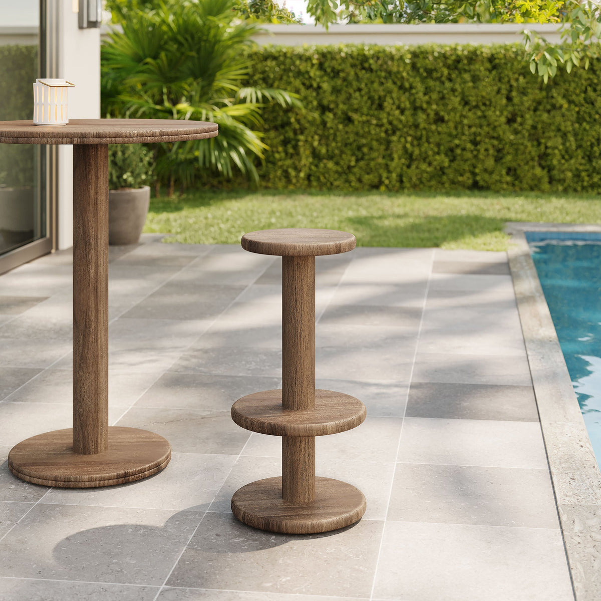 Neo 15-Inch Round Indoor/Outdoor Wood Bar Stool Pair with Pedestal Base in Brown Finish on Tampa Home & Garden Store