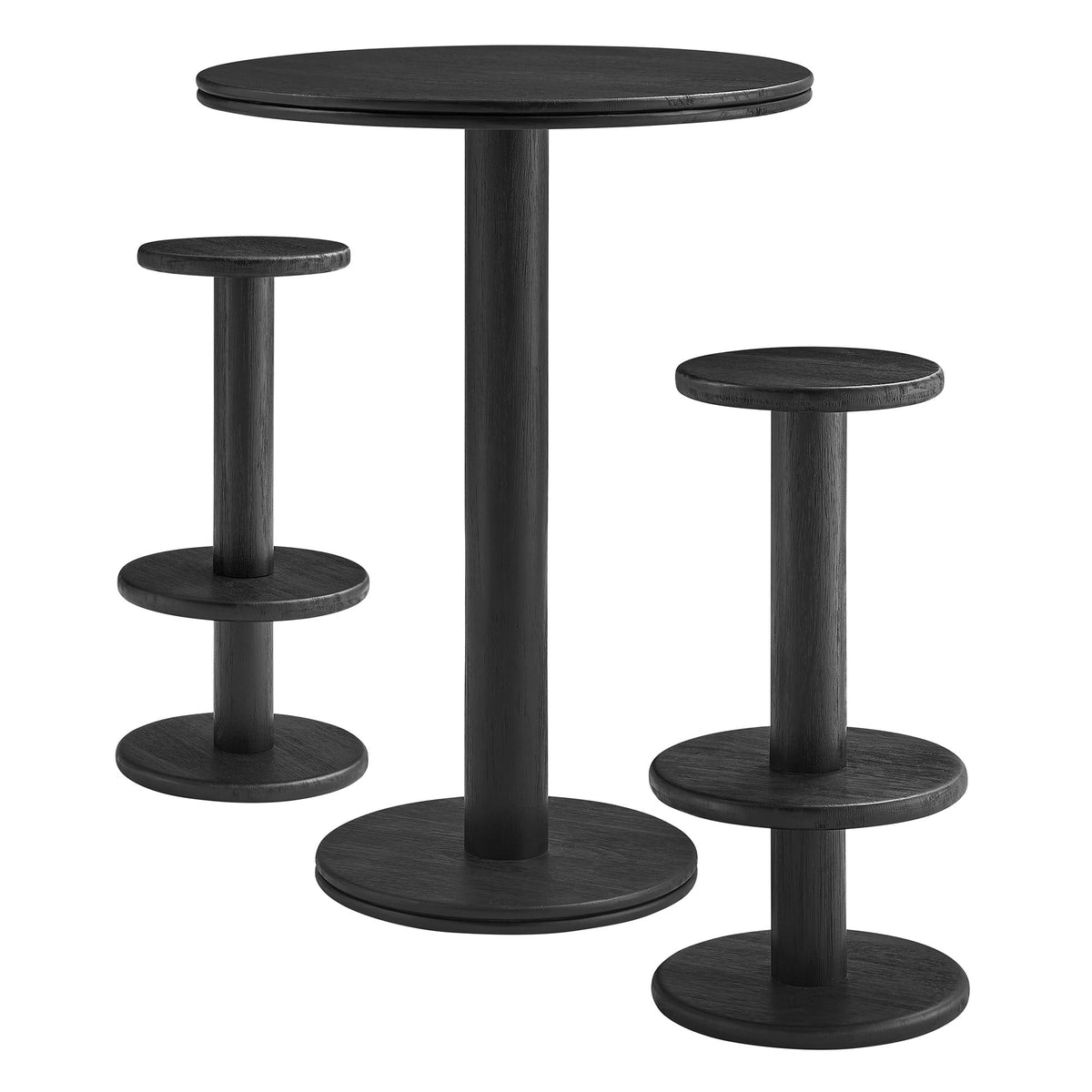 Neo 3-Piece Round Indoor-Outdoor Wood Bar Table and Stool Set in black with round seats on Tampa Home & Garden Store