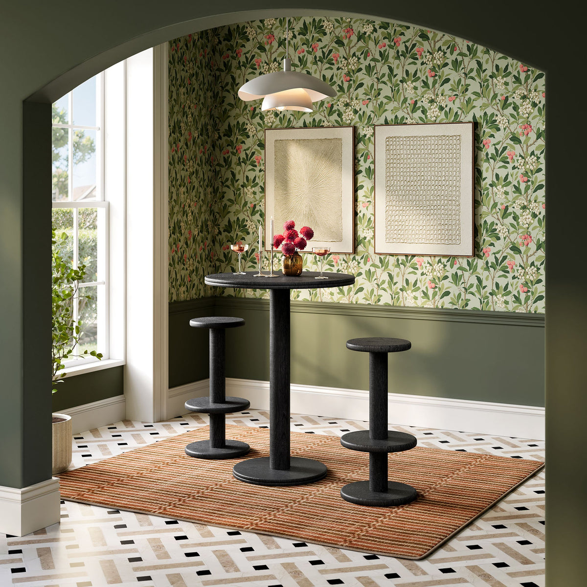 Neo 3-Piece round indoor outdoor bar table and stools set in a black pedestal design on Tampa Home & Garden Store