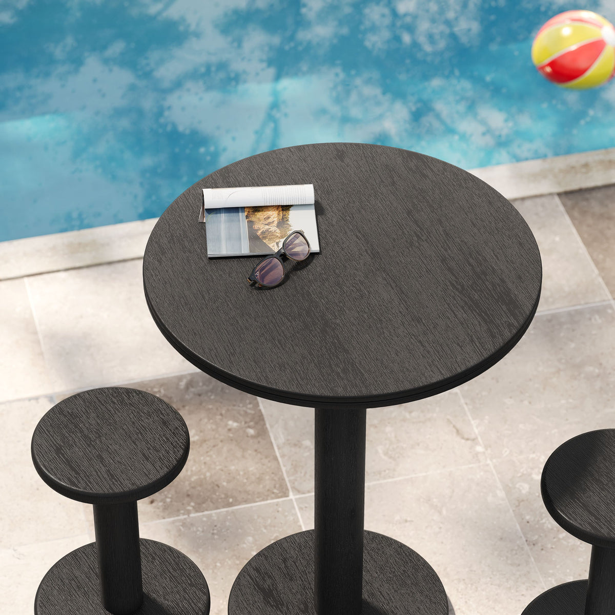 Neo 3-Piece round indoor-outdoor wood bar table with stools by Modway, poolside setup on Tampa Home & Garden Store