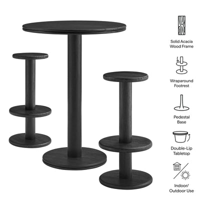 Neo 3-Piece Round Indoor-Outdoor Wood Bar Table and Stool Set with black acacia wood finish on Tampa Home & Garden Store