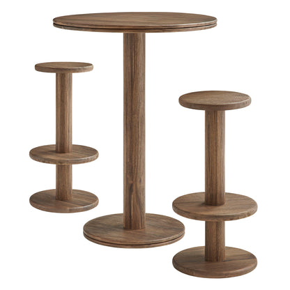 Neo 3-Piece Round Wood Bar Table and Stool Set with two stools in warm brown finish on Tampa Home & Garden Store