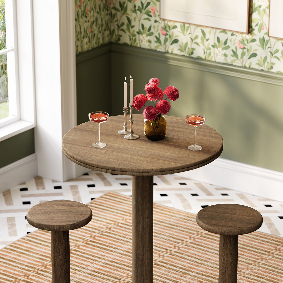 Neo 3-Piece round wood bar table with 2 stools, warm brown finish, candle centerpiece by Modway on Tampa Home & Garden Store
