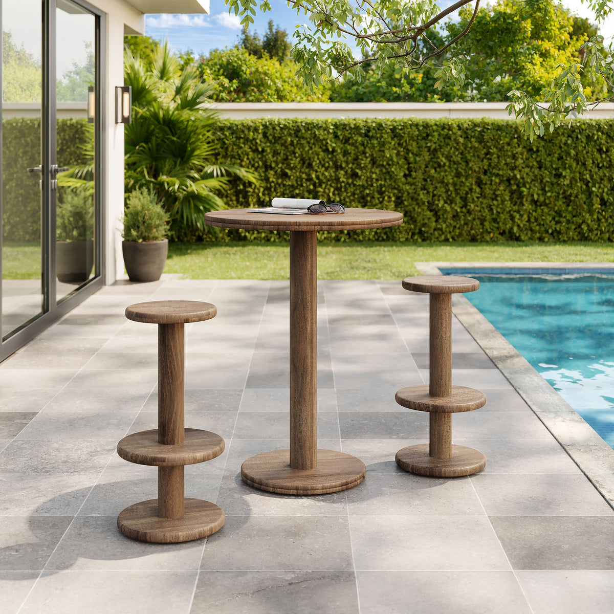 Neo 3-piece round wood bar table with stools for outdoor patio, weathered brown finish on Tampa Home & Garden Store