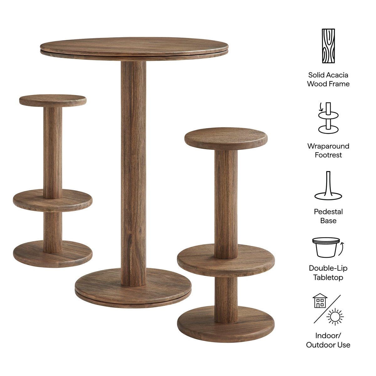 Neo 3-Piece round wood bar table and stool set with pedestal base and wraparound footrest in acacia on Tampa Home & Garden Store
