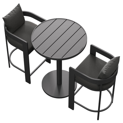 Tahoe 3-Piece Outdoor Aluminum Bar Set with round table and dark gray cushioned chairs on Tampa Home & Garden Store