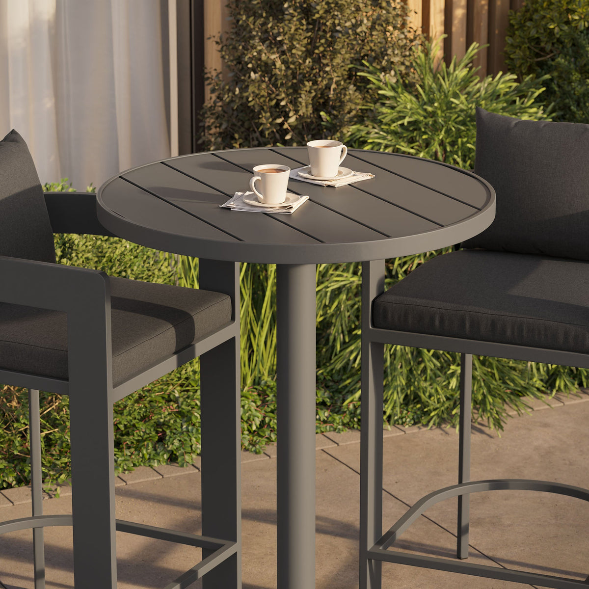 Modway Tahoe 3-Piece aluminum bar set with 2 gray stools around a table, cups on Tampa Home & Garden Store