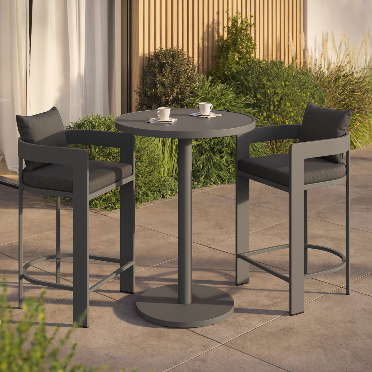 Modway Tahoe 3-Piece outdoor patio aluminum bar set with round gray table and cushioned chairs on Tampa Home & Garden Store