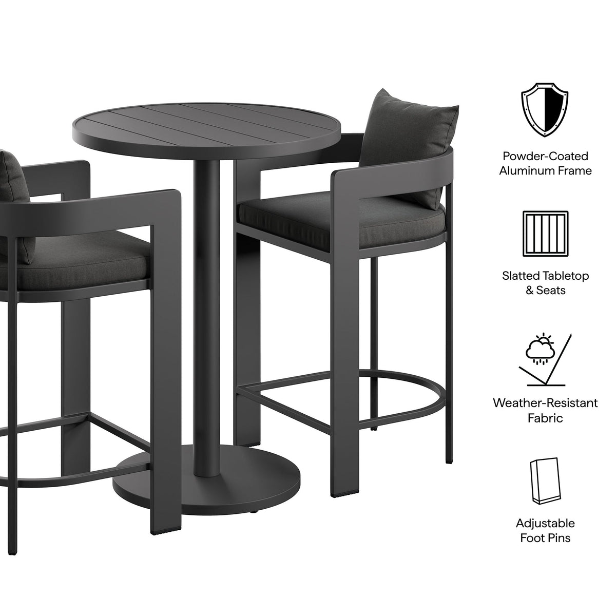 Tahoe 3-Piece Outdoor Patio Aluminum Bar Set with round slatted table and cushioned stools on Tampa Home & Garden Store