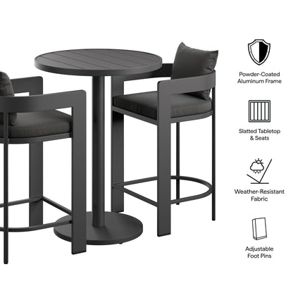 Tahoe 3-Piece Outdoor Patio Aluminum Bar Set with round slatted table and cushioned stools on Tampa Home & Garden Store