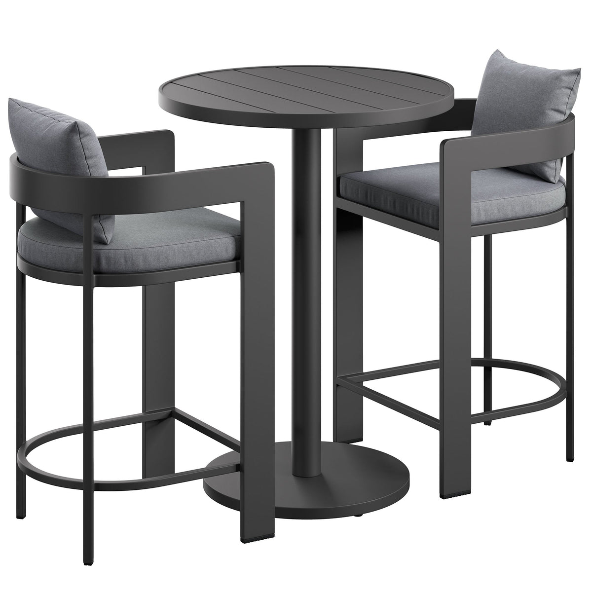 Tahoe 3-Piece Outdoor Patio Aluminum Bar Set with round table and two gray cushioned stools on Tampa Home & Garden Store