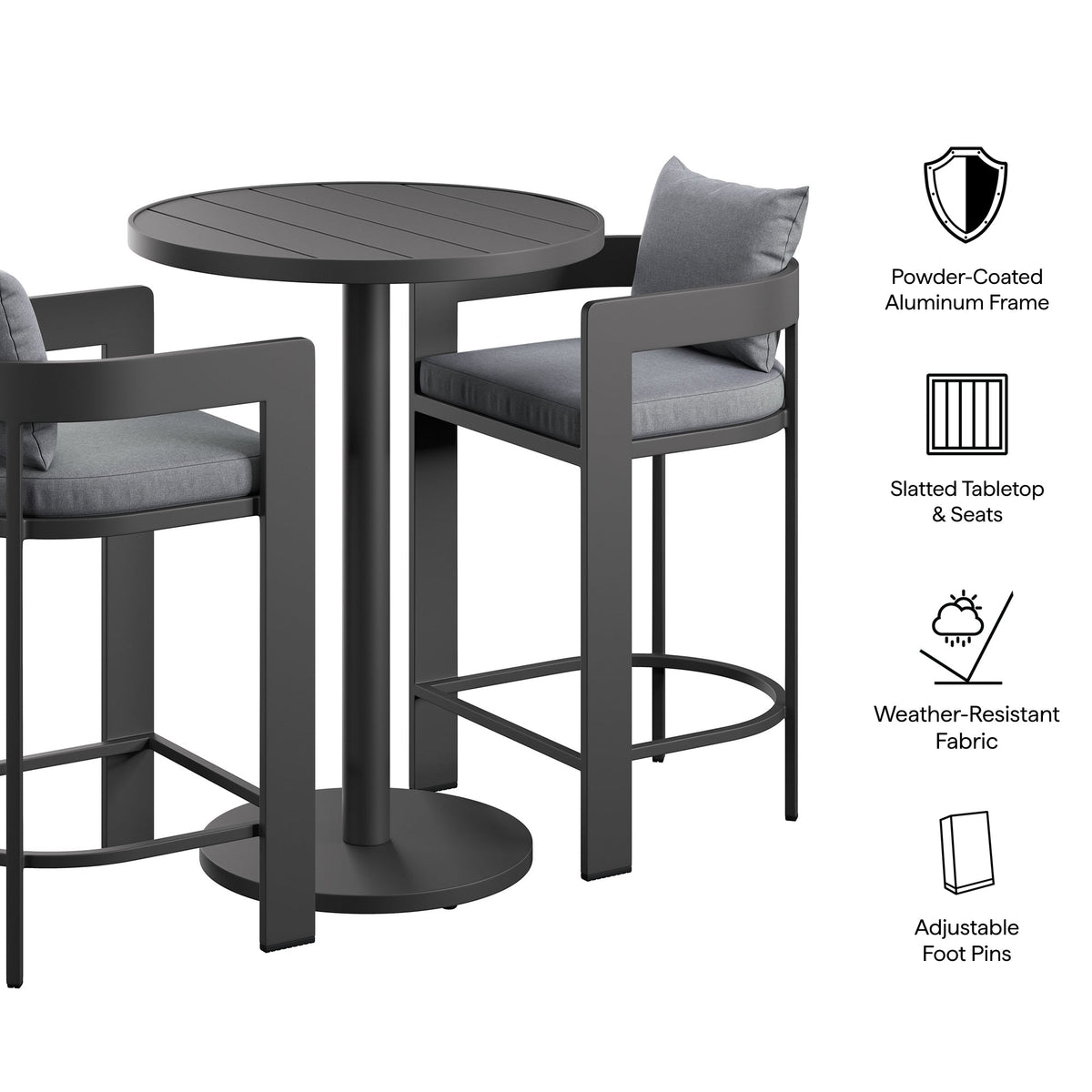 Tahoe 3-Piece Outdoor Patio Aluminum Bar Set by Modway, charcoal frame with cushions on Tampa Home & Garden Store