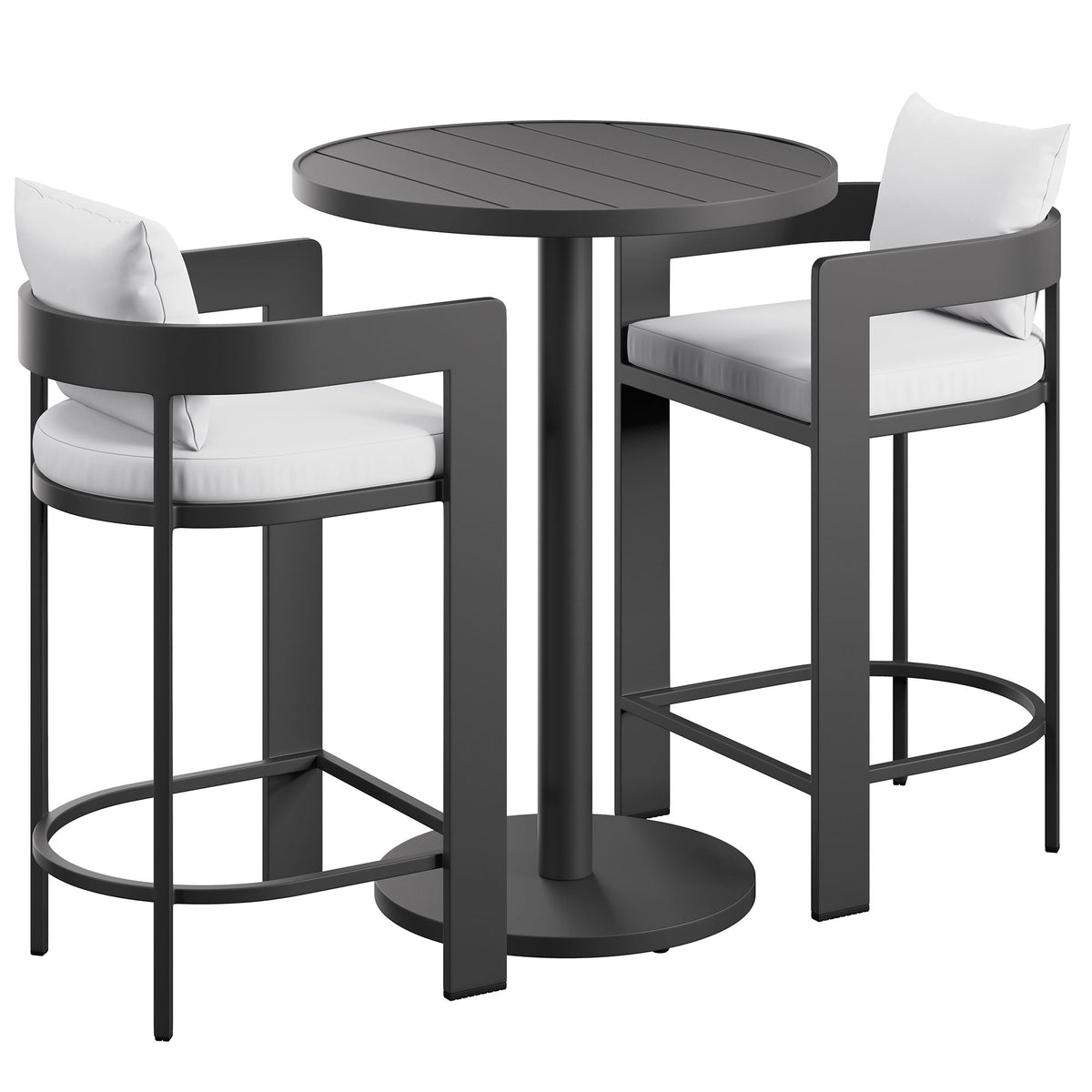 Tahoe 3-Piece outdoor patio aluminum bar set with round black table and two cushioned white seats on Tampa Home & Garden Store