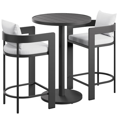 Tahoe 3-Piece outdoor patio aluminum bar set with round black table and two cushioned white seats on Tampa Home & Garden Store