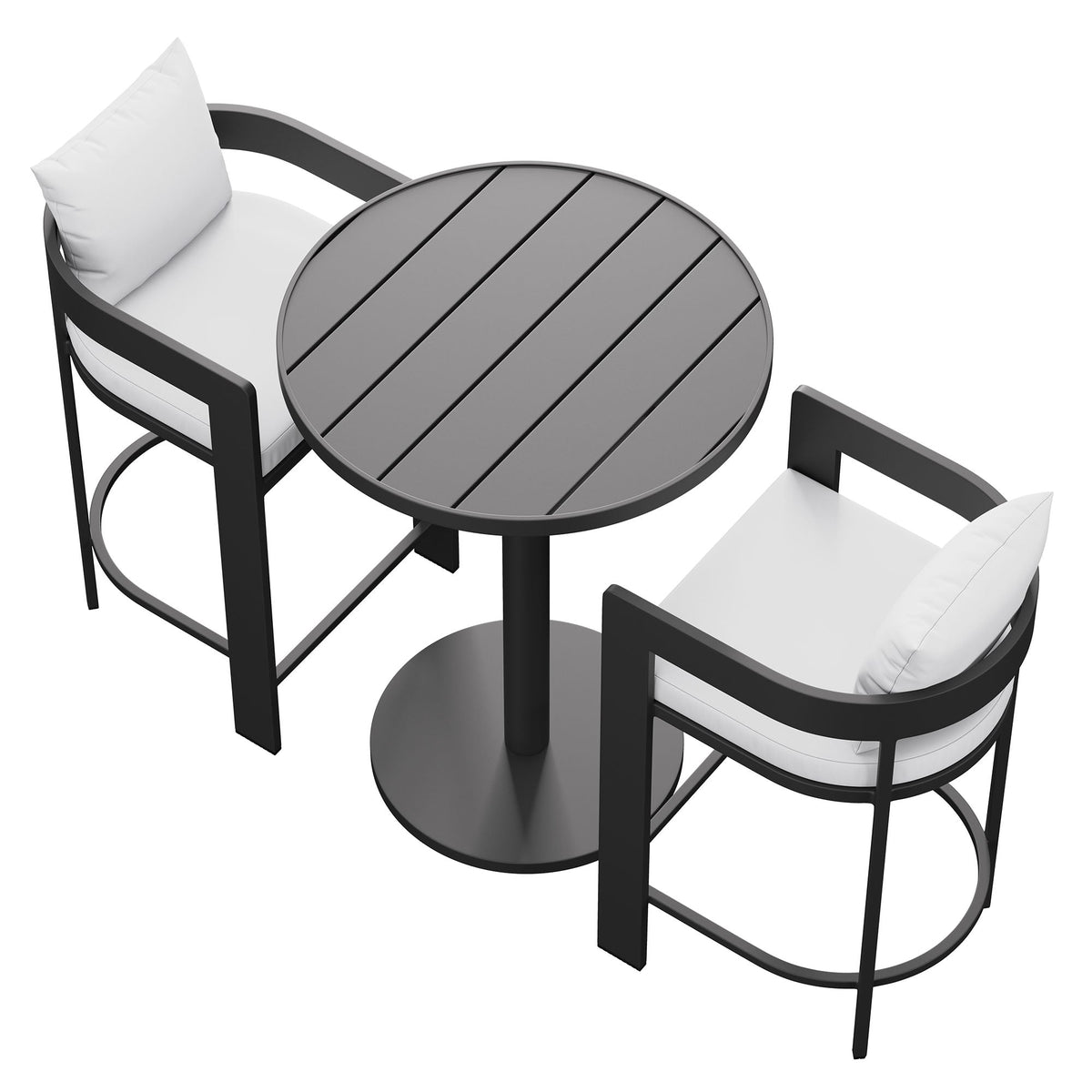 Tahoe 3-Piece Outdoor Patio Aluminum Bar Set with black frames, gray round table, white cushions on Tampa Home & Garden Store